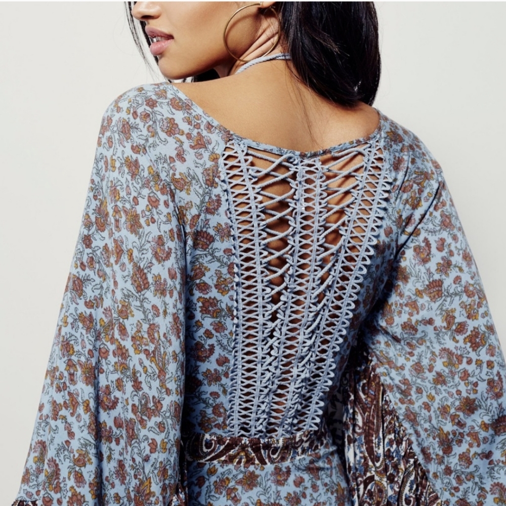 Free People All Mixed Up Lace Up Flare Sleeve Ruffle Hem Maxi Boho Dress 6 - Picture 4 of 15